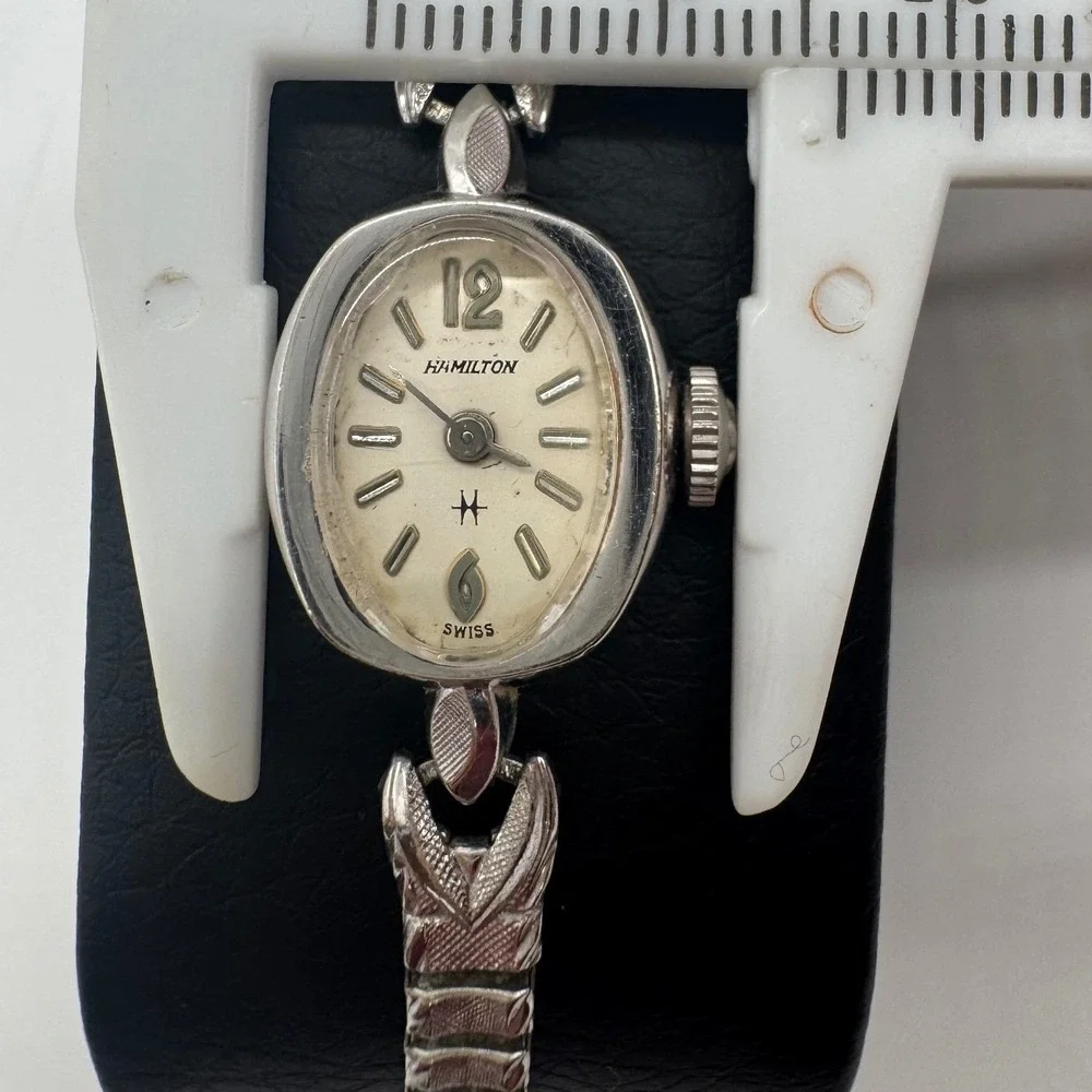 Hamilton Vintage Womens Cocktail Watch 10K RGP Bezel Silver Tone Oval Working